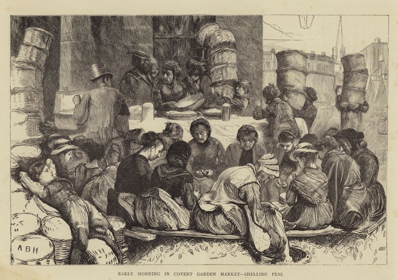 De manhã cedo em Covent Garden Market, descascando ervilhas de Arthur Boyd Houghton