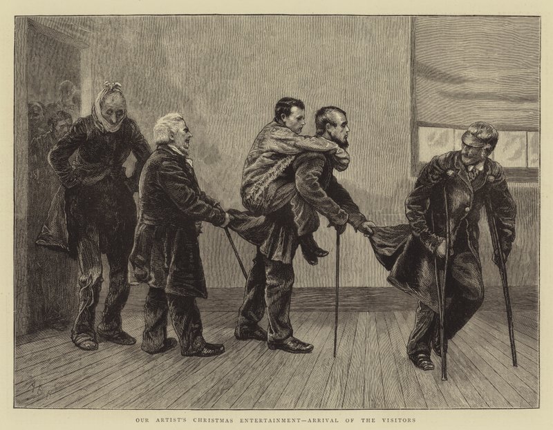 Entretenimento de Natal do nosso artista, chegada dos visitantes de Arthur Boyd Houghton