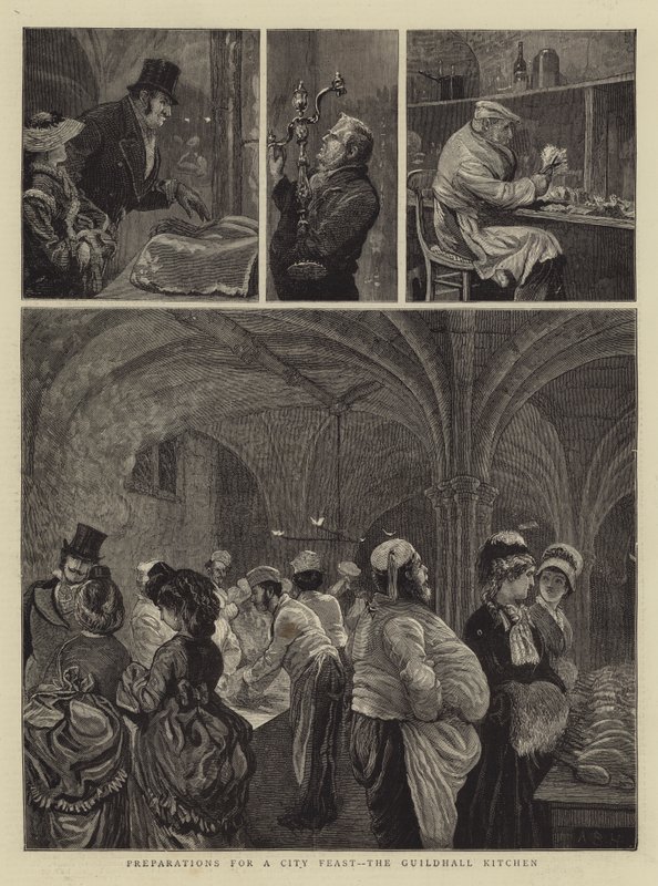 Preparativos para uma festa na cidade, a cozinha da Guildhall de Arthur Boyd Houghton