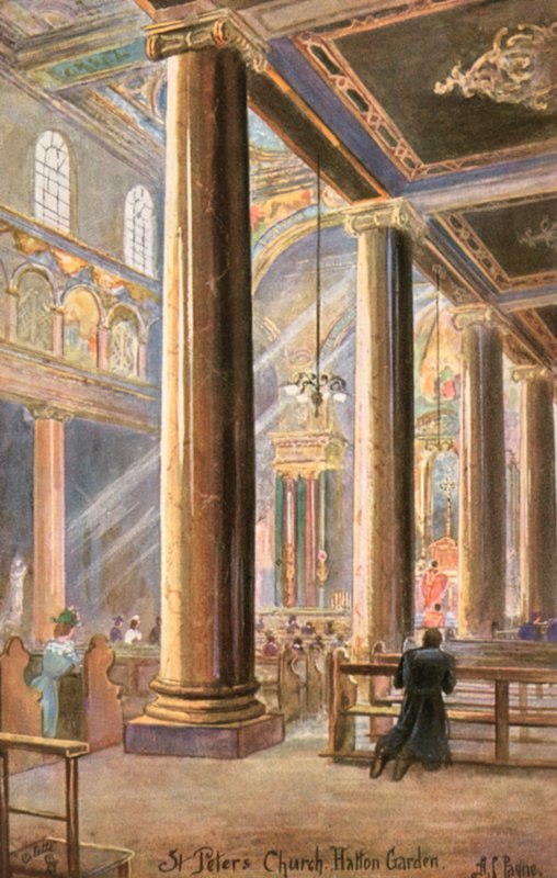 Igreja italiana de São Pedro, Hatton Garden, Londres (lito a cores) de Arthur Charles (after) Payne