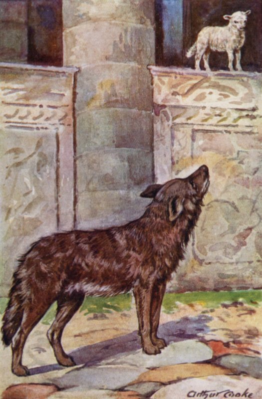 As Fábulas de Esopo: The Kid and the Wolf (cor litho) de Arthur Claude Cooke