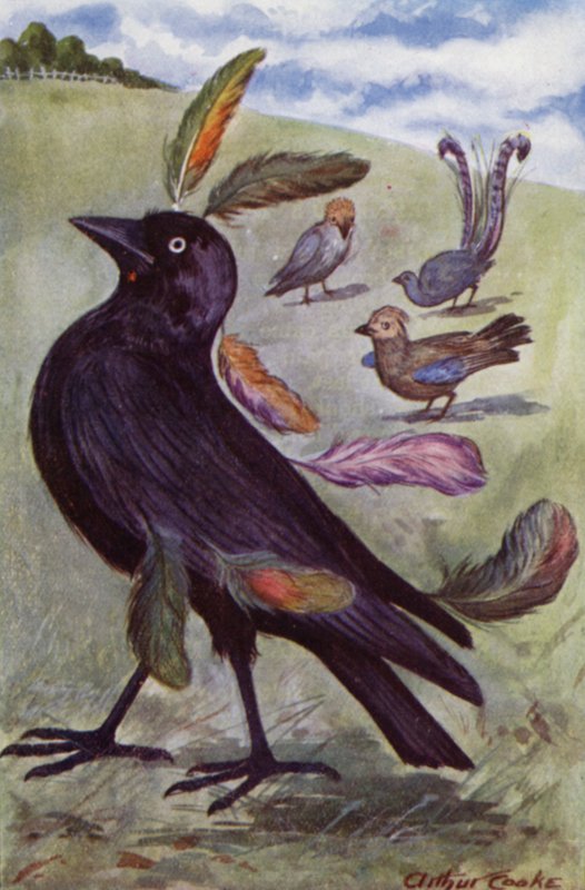 As Fábulas de Esopo: O vaidoso Jackdaw (cor litho) de Arthur Claude Cooke