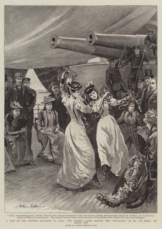 Uma visita do Esquadrão do Canal a Cádiz, duas senhoras espanholas dançando a sevilhana em um navio a bordo de Arthur Hopkins