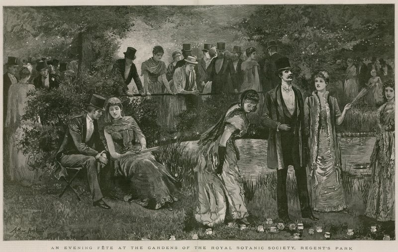 Uma festa à noite nos jardins da Royal Botanic Society, no Regent&39;s Park, em Londres de Arthur Hopkins
