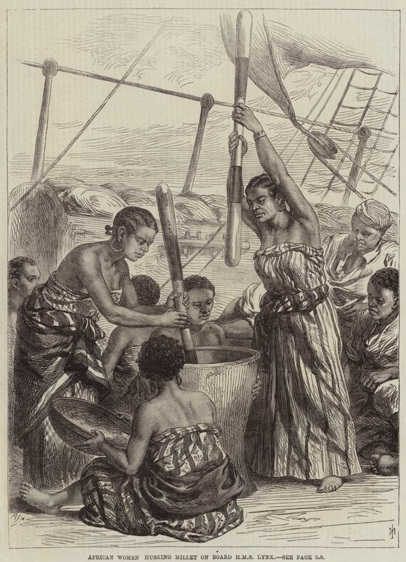 Mulheres africanas descascando painço a bordo do HMS Lynx de Arthur Hopkins