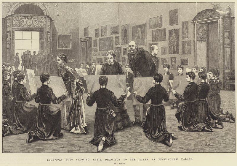 Blue-Coat Boys mostrando seus desenhos para a rainha no Palácio de Buckingham de Arthur Hopkins