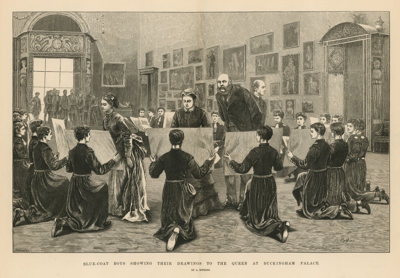 Blue Coat Boys mostrando seus desenhos para a rainha no Palácio de Buckingham de Arthur Hopkins