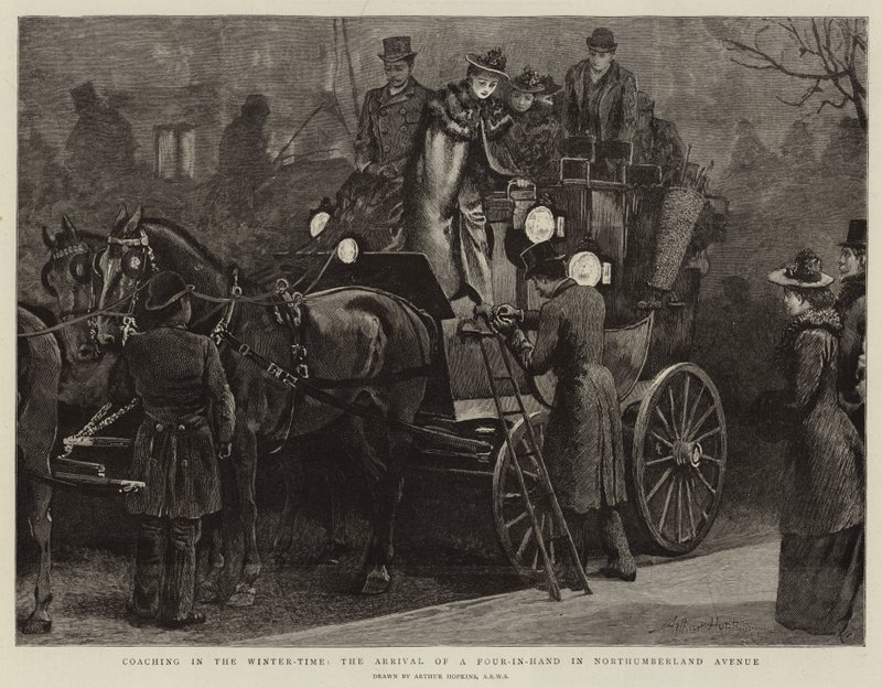 Treinando no inverno, a chegada de um Four-in-Hand em Northumberland Avenue de Arthur Hopkins
