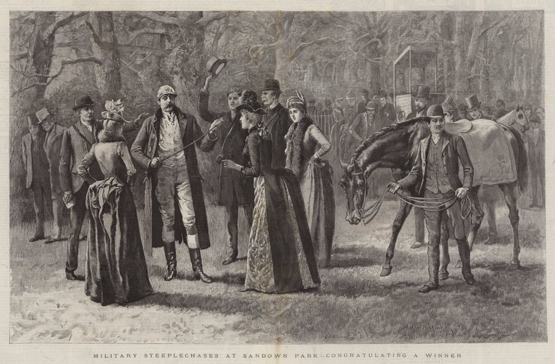 Steeplechases militares no Sandown Park, parabenizando um vencedor de Arthur Hopkins