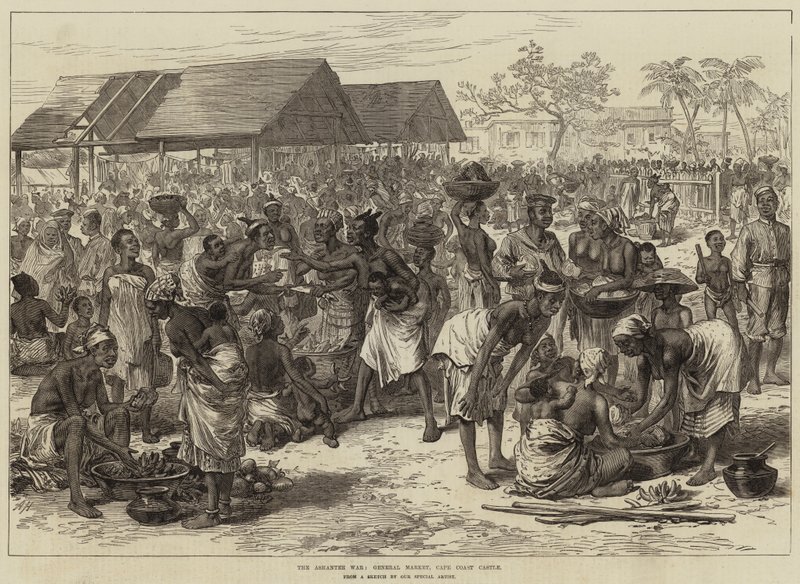 A Guerra de Ashantee, Mercado Geral, Castelo de Cape Coast de Arthur Hopkins
