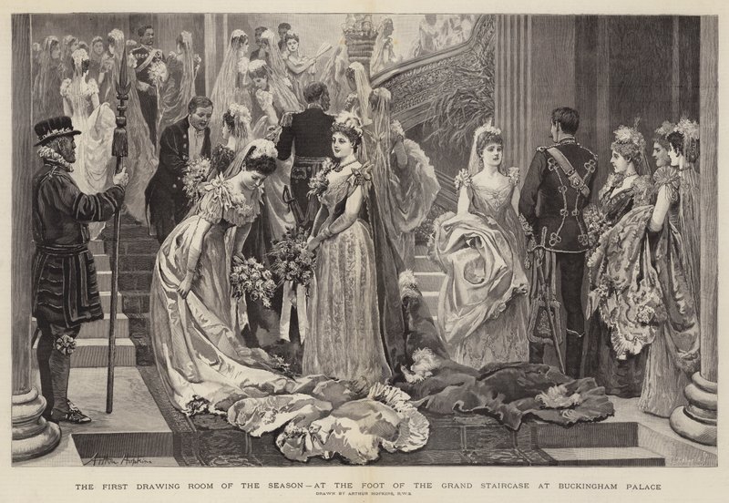 A primeira sala de desenho da temporada, ao pé da grande escadaria no Palácio de Buckingham de Arthur Hopkins