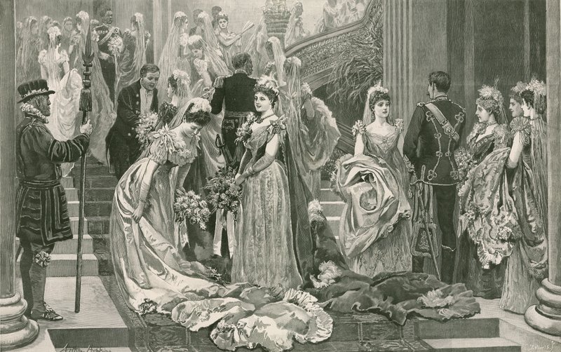 A primeira sala de desenho da temporada, ao pé da grande escadaria no Palácio de Buckingham de Arthur Hopkins