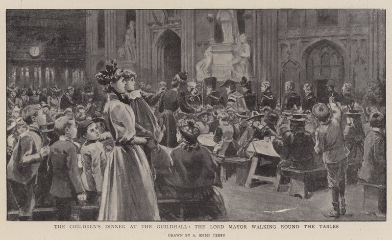O jantar infantil no Guildhall, o prefeito andando em volta das mesas de Arthur Kemp Tebby