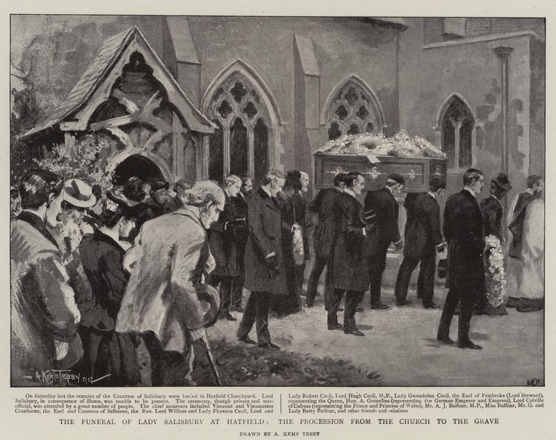 O funeral de Lady Salisbury em Hatfield, a procissão da igreja para a sepultura de Arthur Kemp Tebby