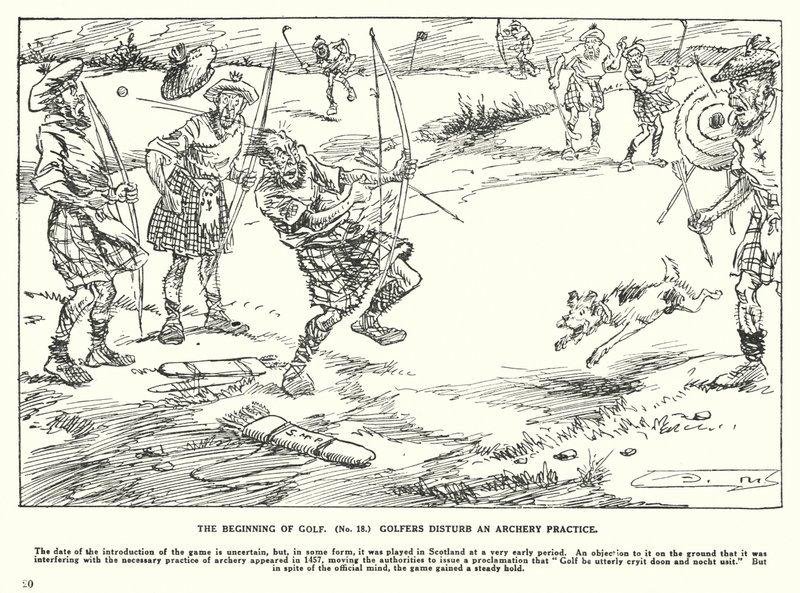 O início do golfe, os golfistas perturbam uma prática de tiro com arco (litografia) de Arthur Moreland