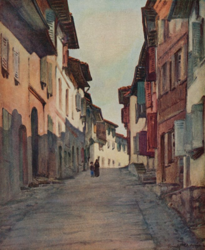 País Basco: Rua na Cidade Velha, St Jean-Pied-de-Port (cor litho) de Arthur Romilly Fedden