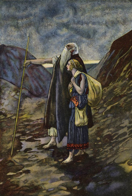 O cego Édipo sendo liderado por sua filha Antígona de Artus Scheiner