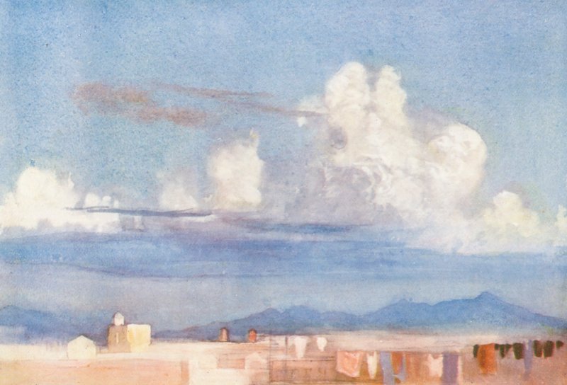 Roma: Montanhas Albanas a partir de um telhado (litografia a cores) de Aubrey Waterfield
