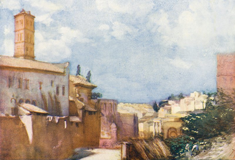Roma: Com vista para S Francesca Romana e o Fórum (litografia a cores) de Aubrey Waterfield