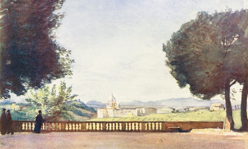 Roma: A Basílica de São Pedro vista da Villa Pamphili Doria (litografia a cores) de Aubrey Waterfield