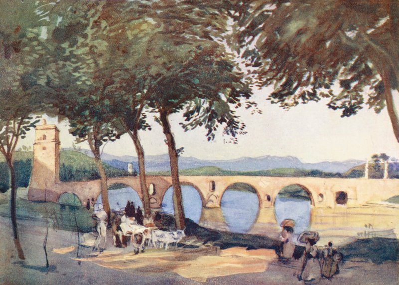 Roma: A Ponte Molle (litografia a cores) de Aubrey Waterfield