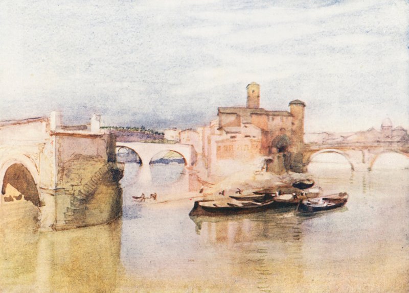 Roma: A Ilha do Tibre (litografia a cores) de Aubrey Waterfield