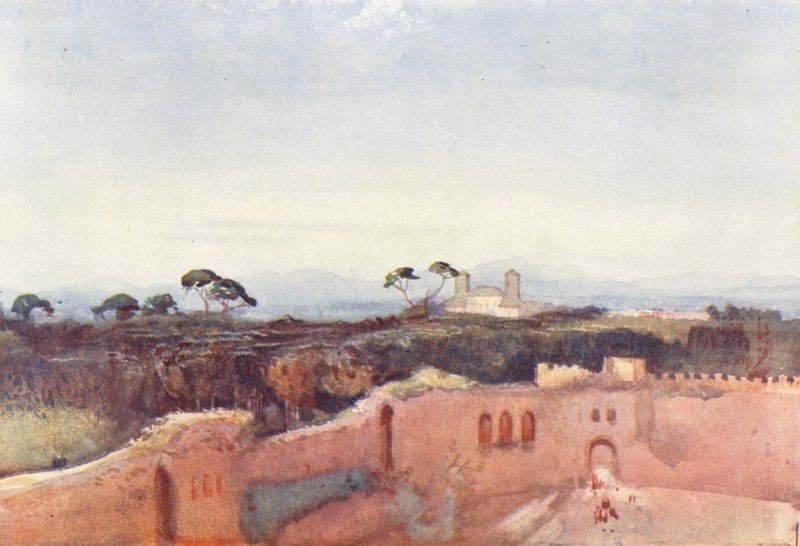 Roma: Villa Borghese vista de um telhado (litografia a cores) de Aubrey Waterfield