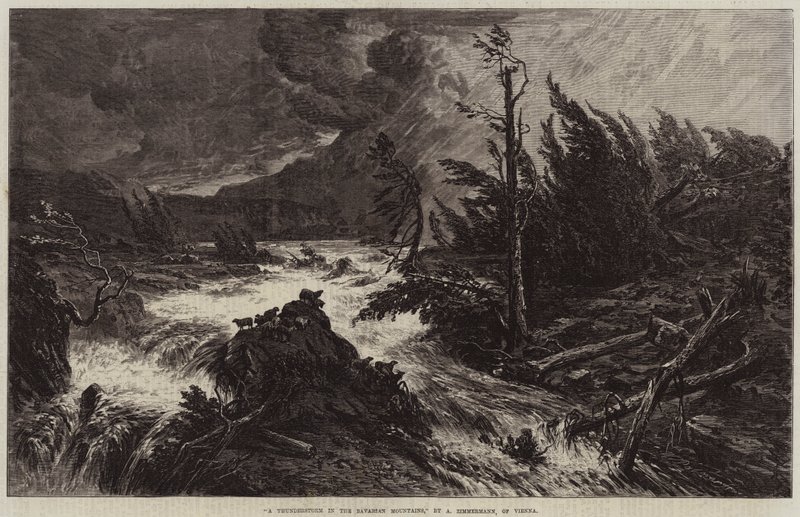Uma tempestade na gravura das montanhas da Baviera de Albert August Zimmermann