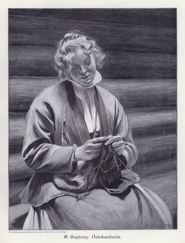 Retrato de uma mulher tricotando (gravura) de August Wilhelm Nikolaus Hagborg