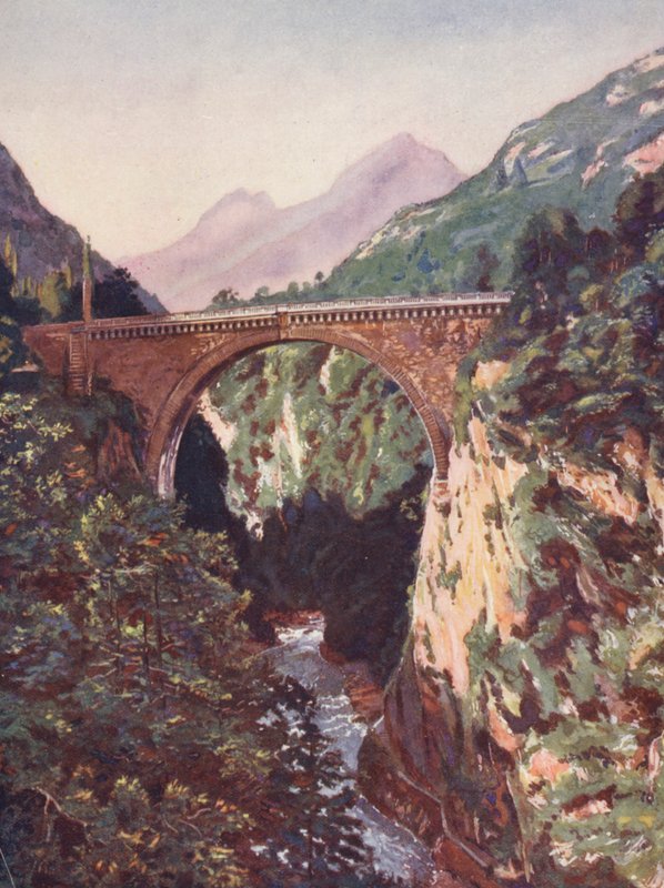 França: Pont Saint-Sauveur e Gave de Pau (litografia a cores) de Auguste Gerardin