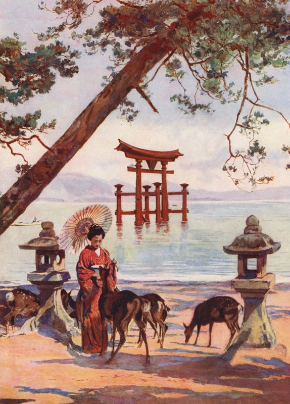 O Torii em Miyajima, Japão (litografia a cores) de Auguste Gerardin