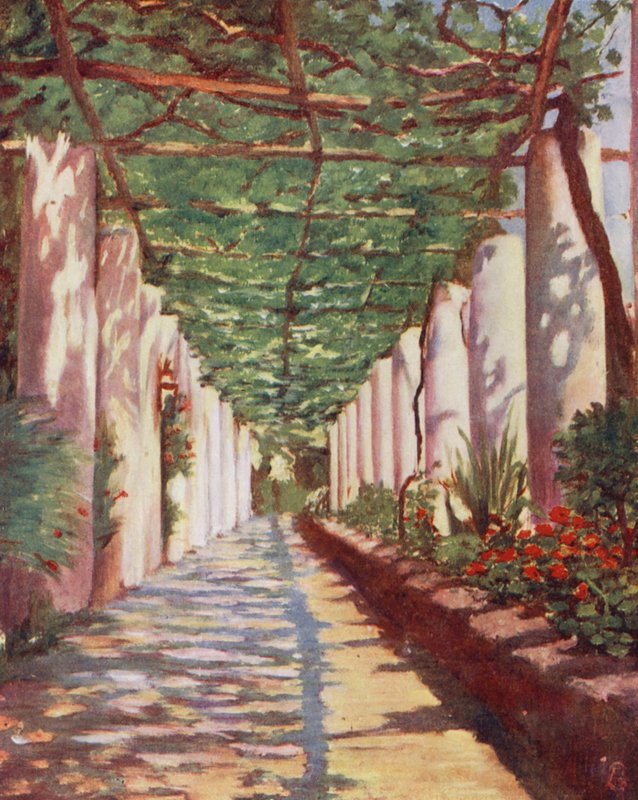 Terraço do Hotel Cappucini, Amalfi, em pleno verão (litografia a cores) de Augustine Fitzgerald