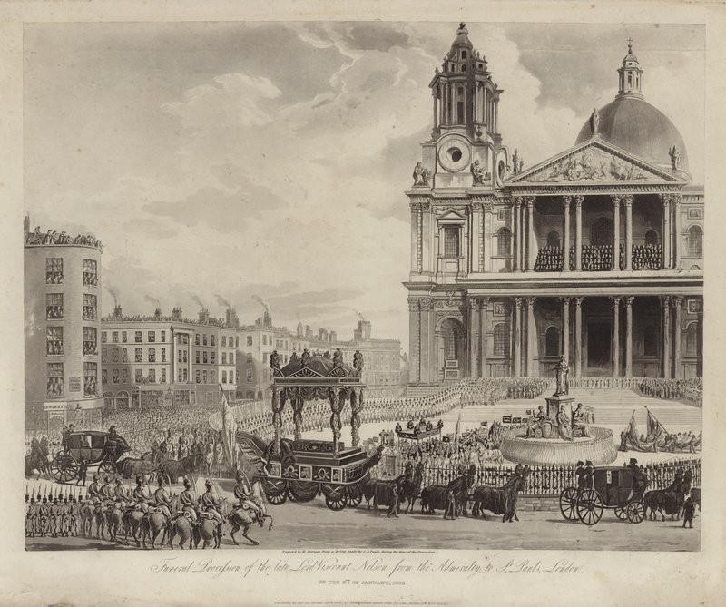 Procissão fúnebre do Almirante Lord Nelson do Almirantado à Catedral de St Paul, City of London 9 de Janeiro de 1806 (gravura) de Augustus Charles (after) Pugin