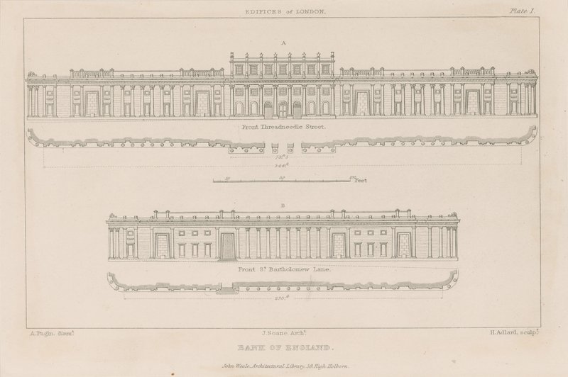 Banco da Inglaterra, Frente Sul de Sir John Soane, 1823 de Augustus Charles Pugin