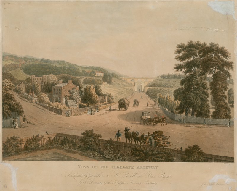 Vista do arco de Highgate de Augustus Charles Pugin