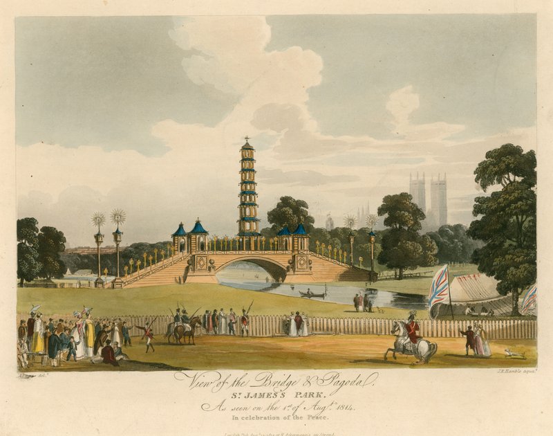 Vista da ponte e pagode, St James&39;s Park, Londres, como visto em 1 de agosto de 1814 de Augustus Charles Pugin