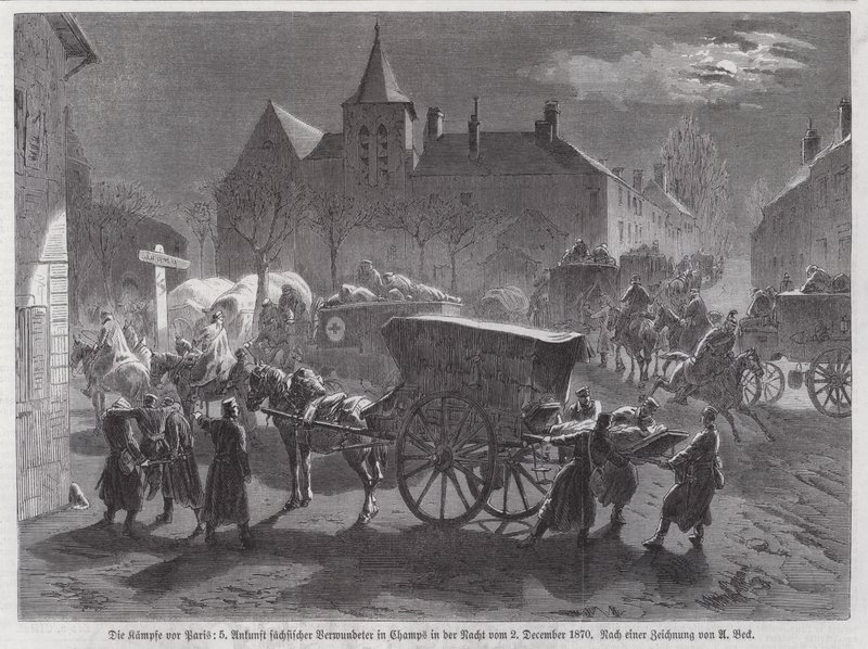 Chegada dos soldados saxões feridos nas batalhas fora de Paris, Guerra Franco-Prussiana, 2 de Dezembro de 1870 (gravura) de Augustus J. Beck