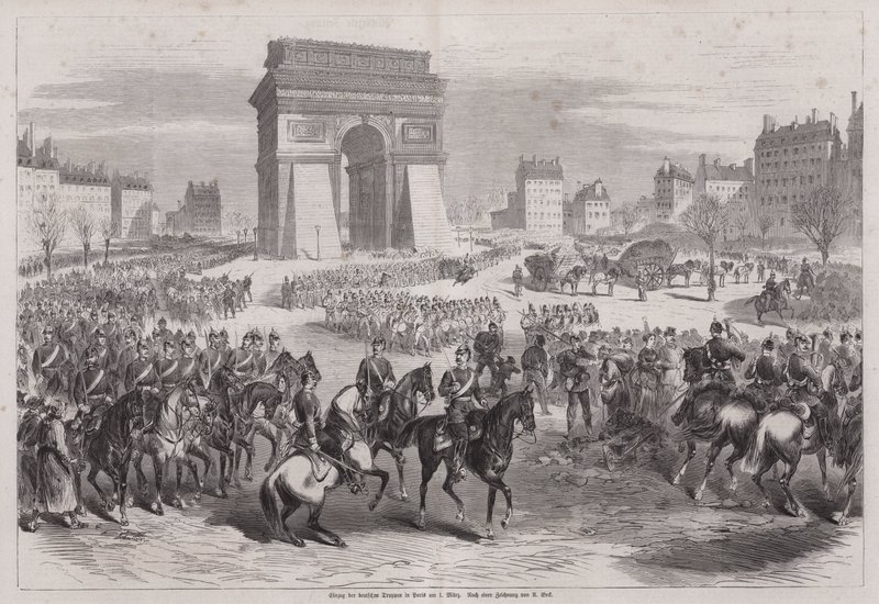 Tropas alemãs entram em Paris após o fim da guerra franco-prussiana de Augustus J. Beck