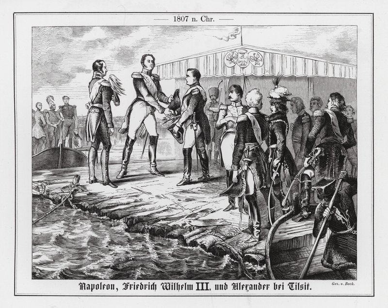 Encontro de Napoleão, do rei Frederico Guilherme III da Prússia e do czar Alexandre I da Rússia em Tilsit de Augustus J. Beck