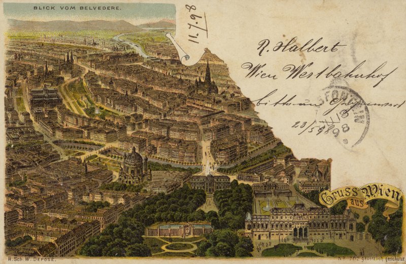 Postal retratando uma vista aérea da cidade de Viena de Austrian School