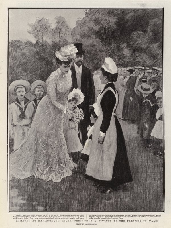 Crianças em Marlborough House, apresentando um ramo de flores à Princesa de Gales (litografia) de Balliol (after) Salmon