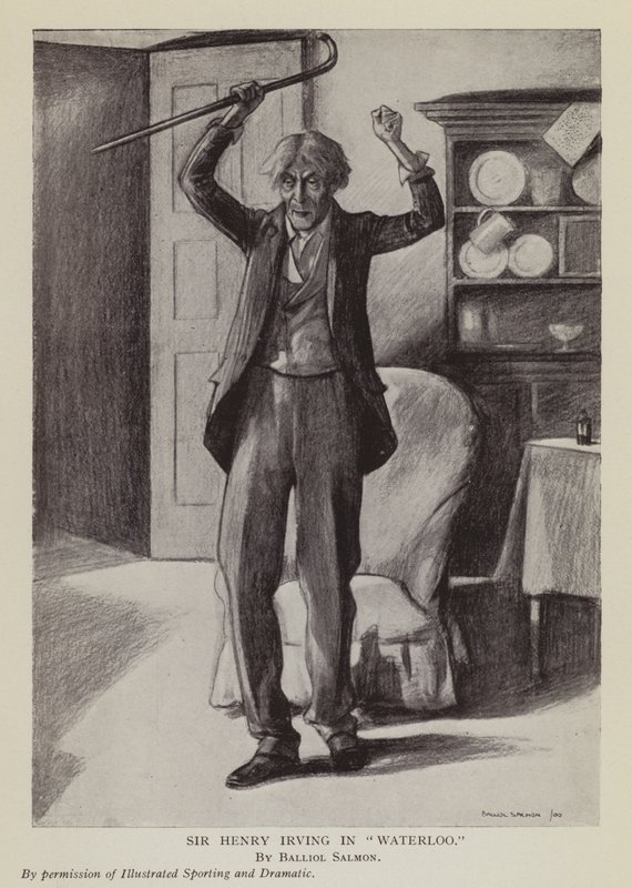 O ator inglês Henry Irving na peça Waterloo de Arthur Conan Doyle (litografia) de Balliol (after) Salmon