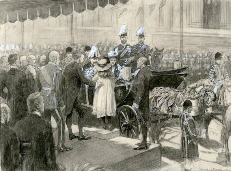 Rei Eduardo VII e Rainha Alexandra - Stand do Conselho do Condado de Londres em Trafalgar Square, 24 de outubro de 1902 (aguarela sobre papel) de Balliol (after) Salmon