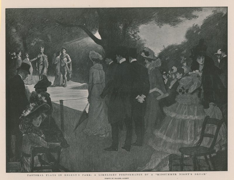 Peças de teatro pastorais em Regents Park: uma representação à luz da ribalta de Sonho de uma Noite de verão (gravura) de Balliol (after) Salmon