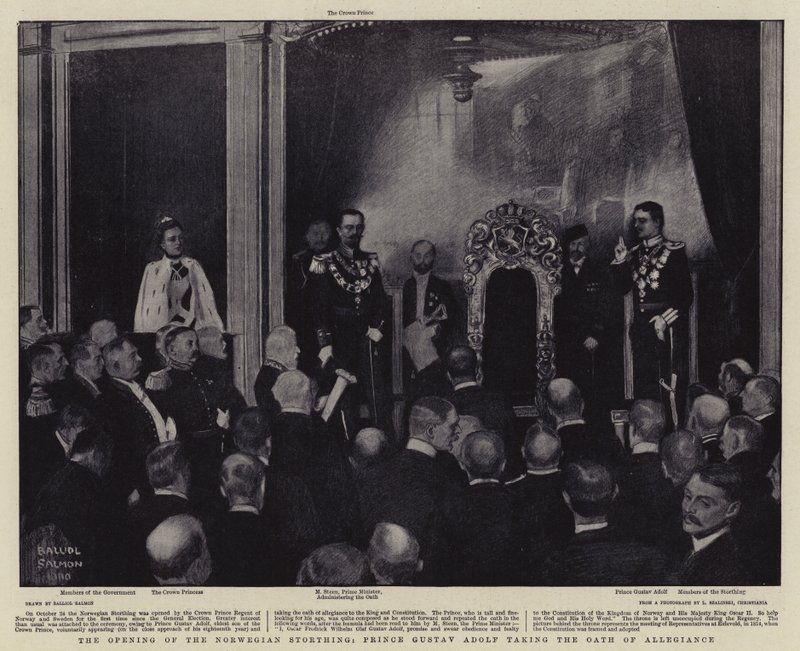 Abertura da Fortaleza Norueguesa, o Príncipe Gustav Adolf fazendo o Juramento de Fidelidade (litografia) de Balliol (after) Salmon