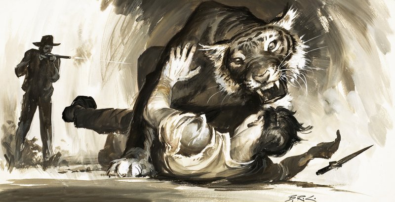 Tigre a atacar um caçador de Barrie Linklater