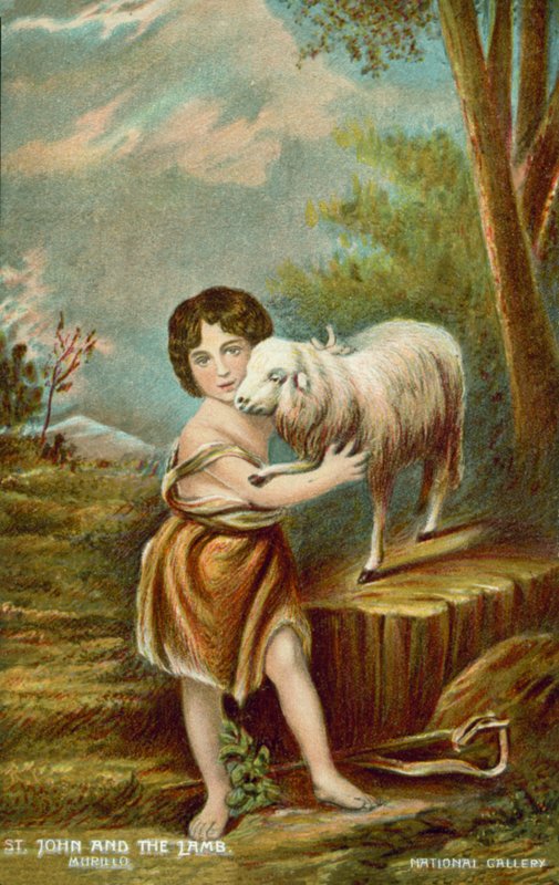 O Menino São João Batista e o Cordeiro (litografia a cores) de Bartolome Esteban (after) Murillo