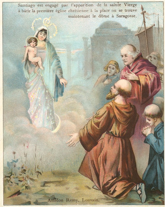 São Tiago o Grande vê uma visão da Virgem Maria em Zaragoza (cromolito) de Belgian School