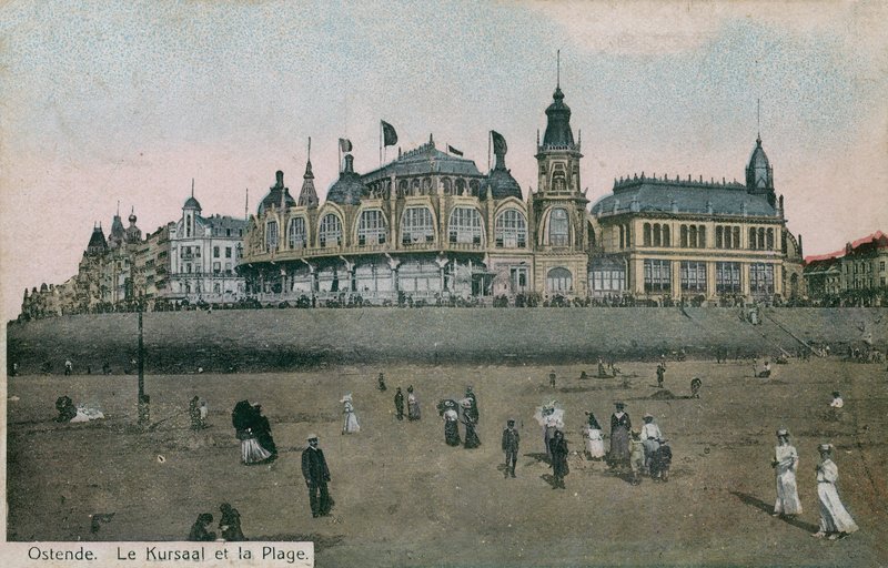 Le Kursaal e a praia em Ostende na Bélgica. Postal enviado em 1913. de Belgian Photographer