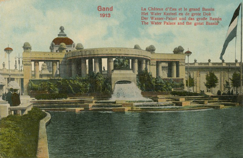 O palácio da água e a grande bacia, Ghent, 1913. Cartão enviado em 1913. de Belgian Photographer